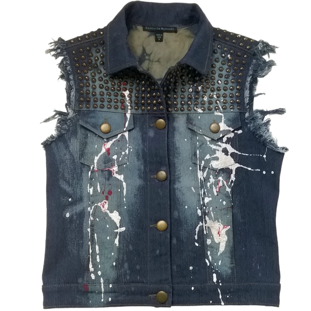 Cecilia De Bucourt Vest Women's Medium Studded Graffiti Art Denim